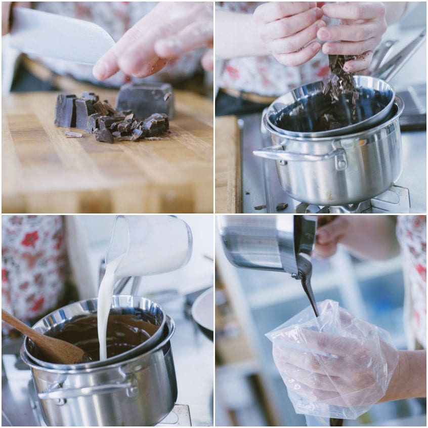 Cioccolato tritato, sciolto a bagnomaria con panna e trasferito in una sac à poche