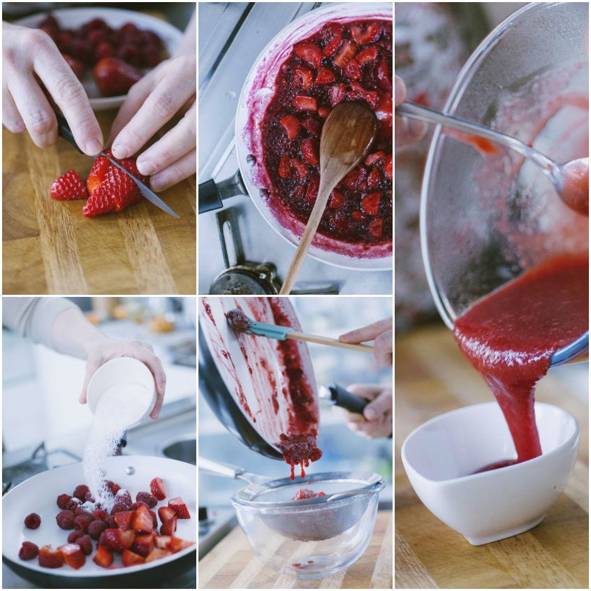 Preparazione della coulis: fragole tagliate, cotte con lamponi e zucchero, poi filtrate in un colino