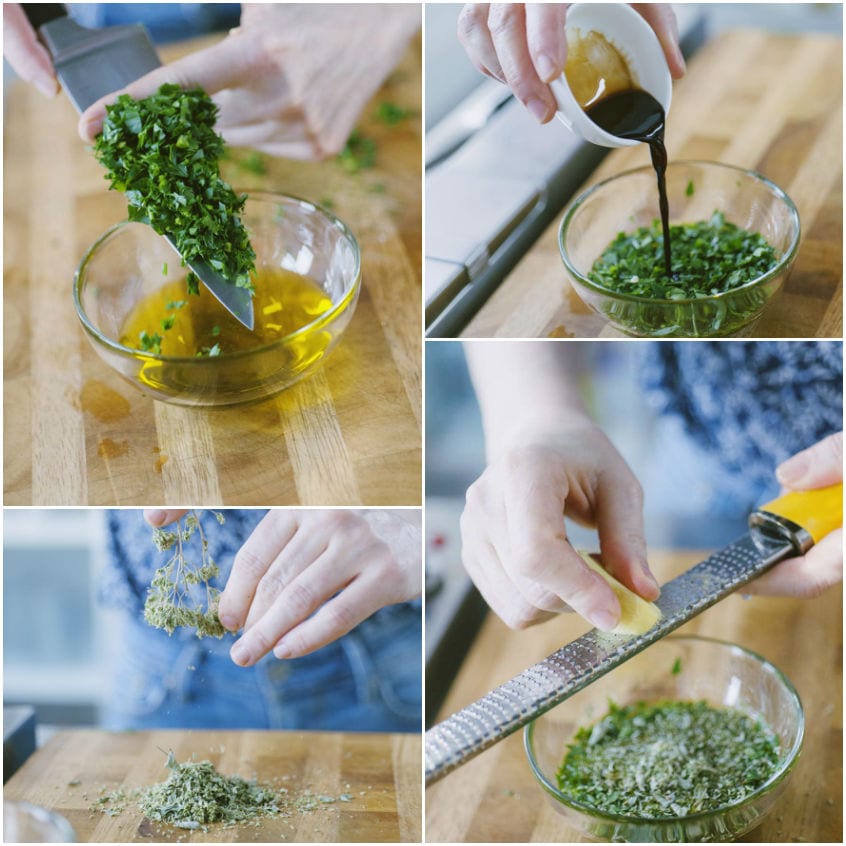 Preparazione della marinatura con prezzemolo tritato, salsa di soia, origano e zenzero grattugiato