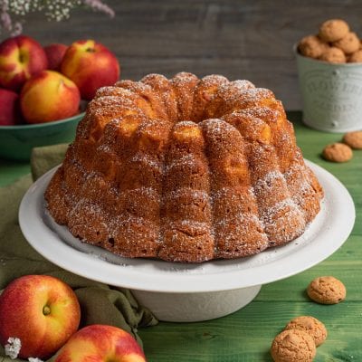 Ciambella con pesche e amaretti spolverata di zucchero a velo, con pesche fresche e biscotti intorno