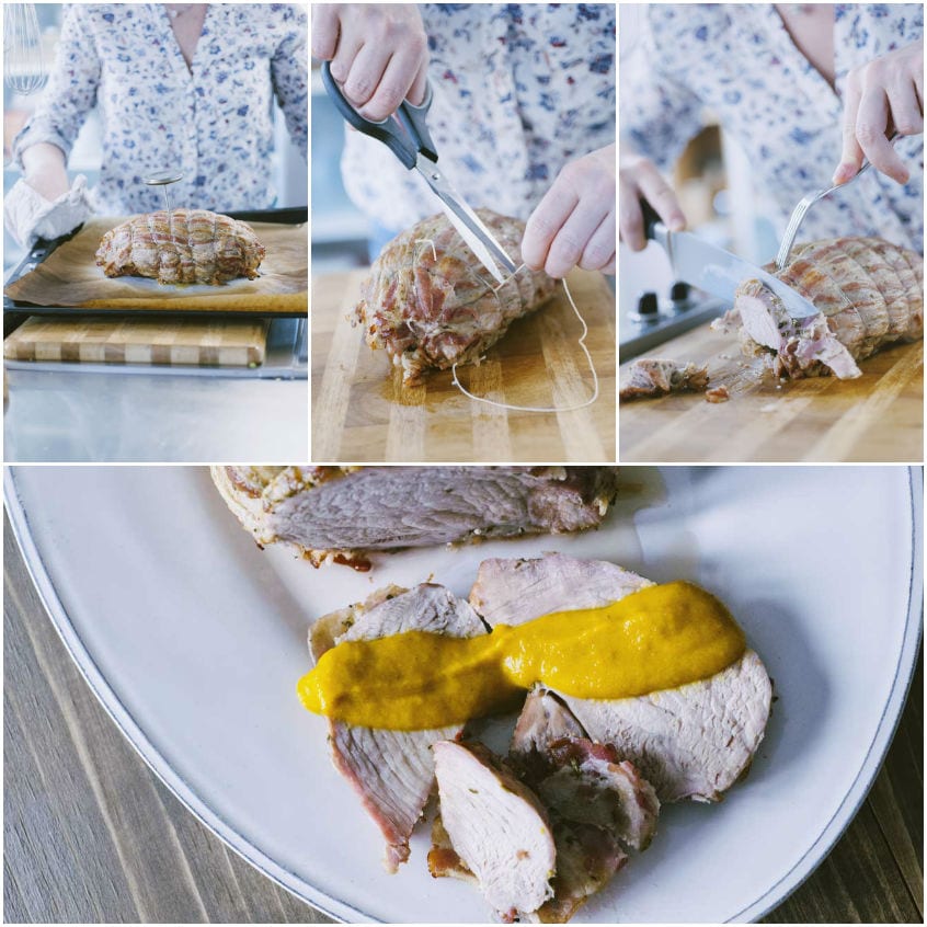Arrosto di vitello affettato sul tagliere e servito con salsa gialla brillante