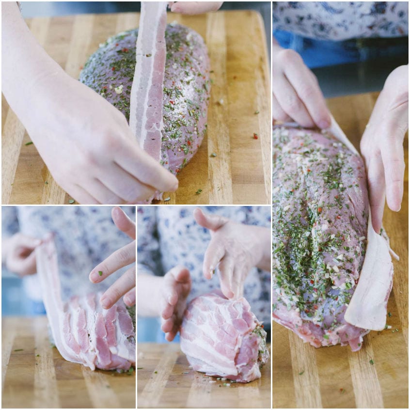 Fette di bacon avvolte attorno all'arrosto di vitello speziato con erbe aromatiche