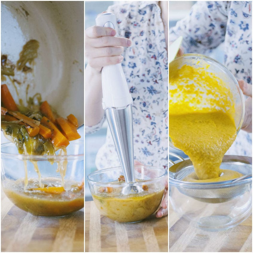 Verdure cotte versate in ciotola, frullate con mixer a immersione e passate al setaccio per ottenere una salsa vellutata