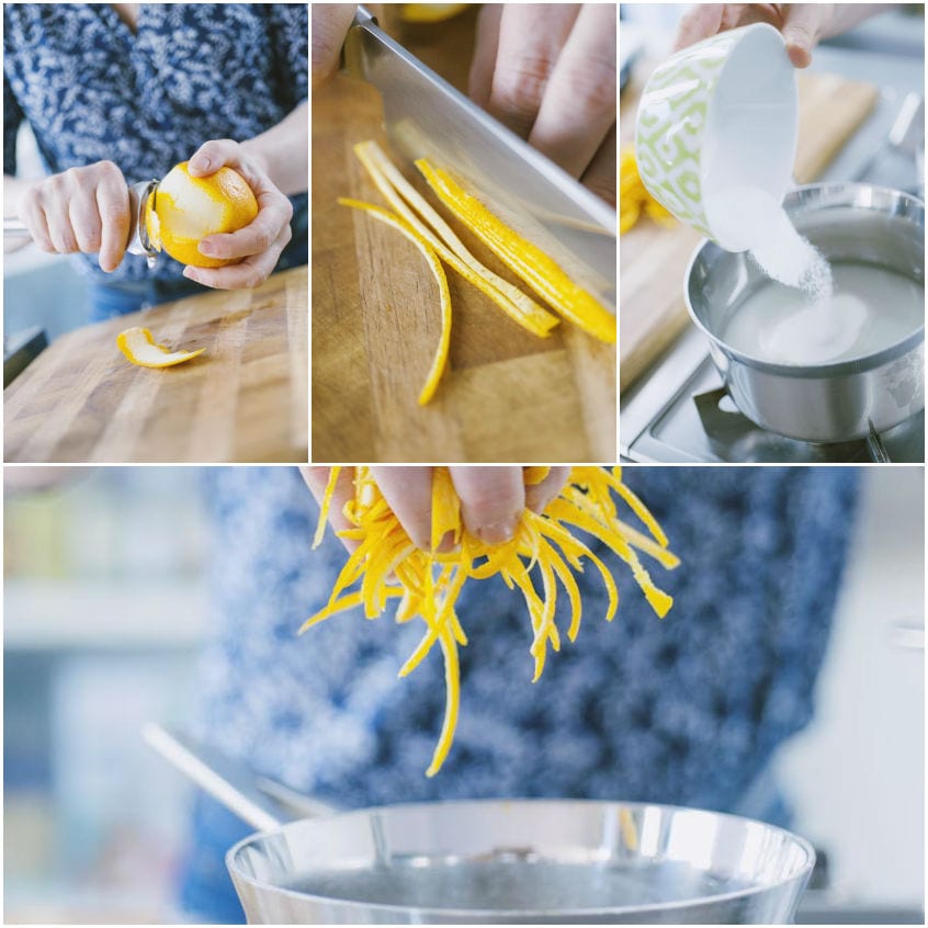 Scorze d'arancia pelate, tagliate a julienne e immerse in uno sciroppo di zucchero
