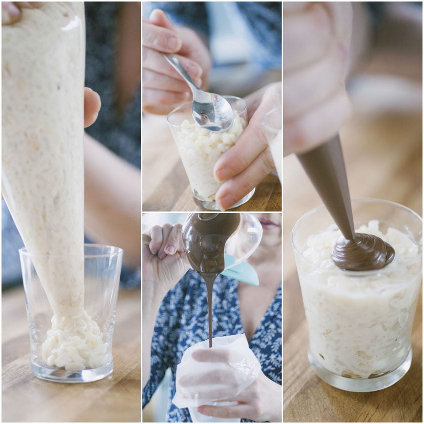 Crema di riso al latte versata nei bicchierini e velata con crema gianduia al cioccolato