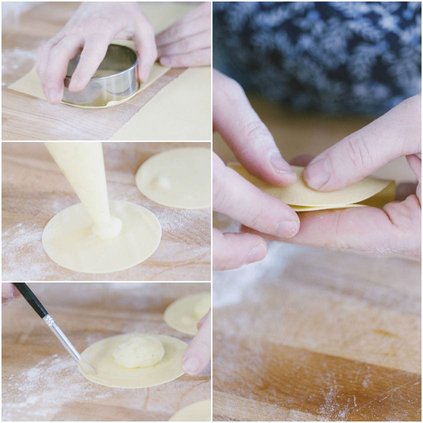 Dischetti di pasta all'uovo ritagliati, farciti con ripieno di patate e chiusi a mano