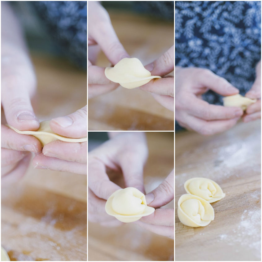 Mani che formano i cappellacci: dalla mezzaluna alla chiusura finale del tortello