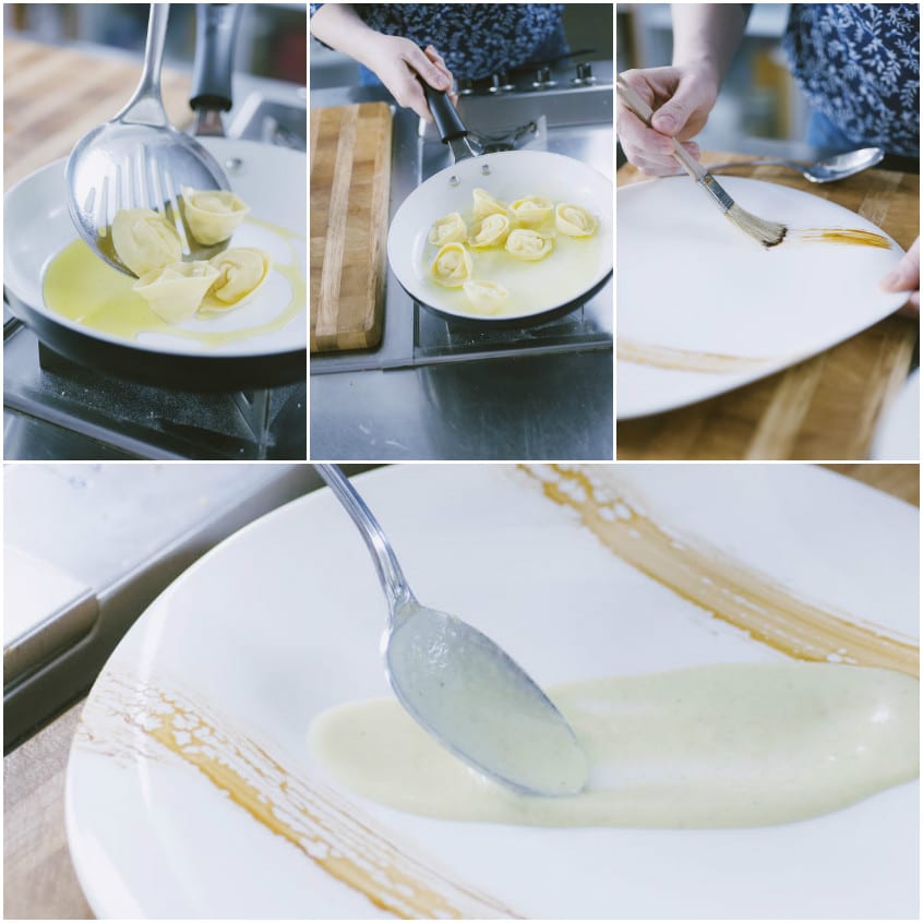Cappellacci saltati in padella con burro, poi impiattati su crema con spennellate di balsamico