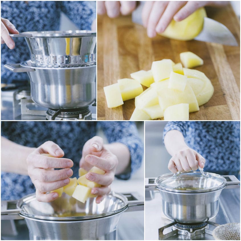 Patate pelate e tagliate a cubetti, poi adagiate nel cestello per la cottura a vapore
