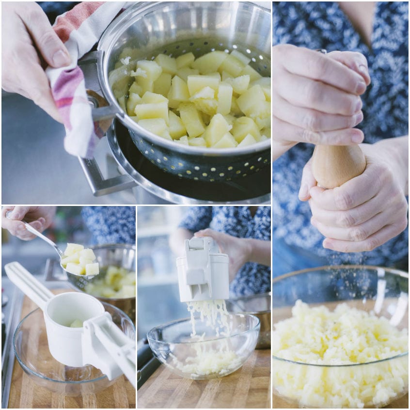 Patate lessate scolate e passate allo schiacciapatate in una ciotola, con sale macinato