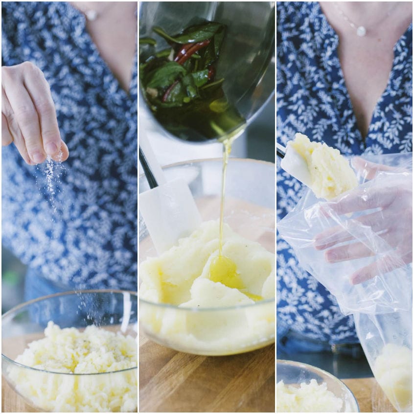 Tre fasi del ripieno: sale sul purè, olio aromatizzato versato e composto trasferito in sac à poche