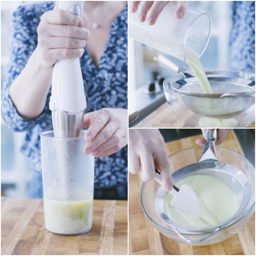 Crema di cipollotti frullata con il mixer a immersione, poi passata al colino