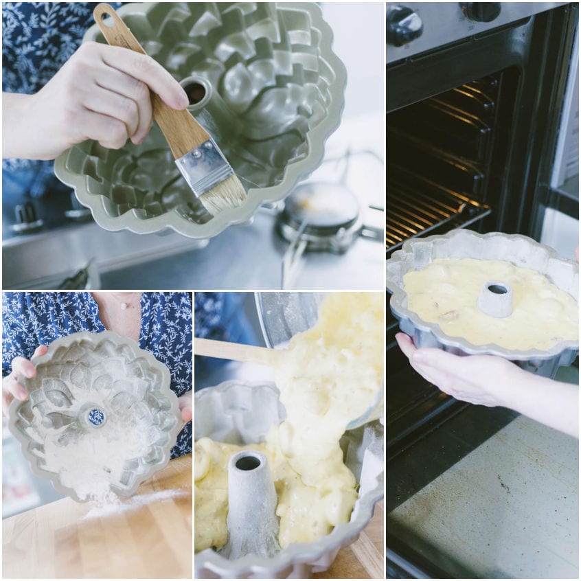 Impasto versato nello stampo a ciambella, poi infornato: preparazione della ciambella con pesche