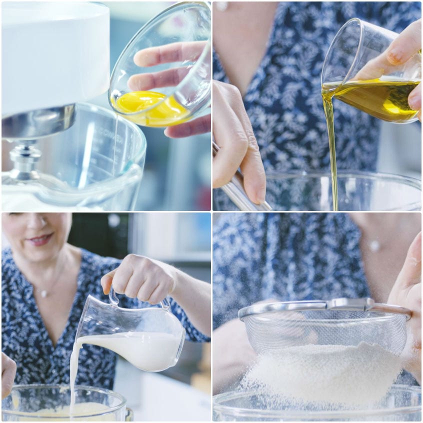 Uova montate, olio versato a filo, latte e farina setacciata aggiunti all'impasto in ciotola