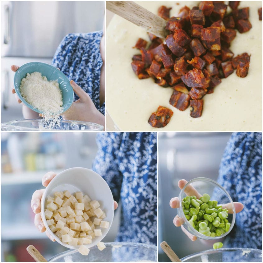 Ingredienti da aggiungere all'impasto: farina, soppressata a cubetti, formaggio a dadini e fave fresche