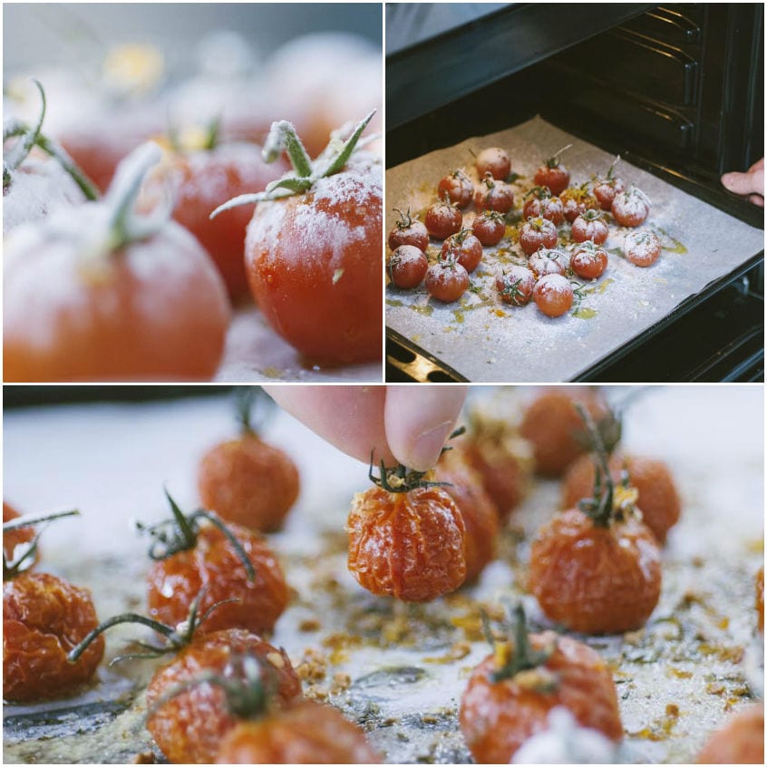 Pomodorini confit prima e dopo la cottura in forno, appassiti e caramellati sulla teglia