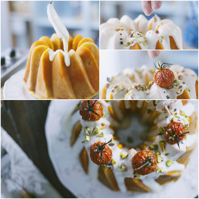 Fonduta versata sulla ciambella salata, poi granella di pistacchi e pomodorini confit disposti sopra