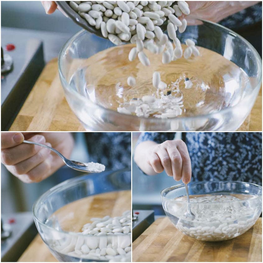 Fagioli cannellini secchi versati in acqua con aggiunta di bicarbonato per l'ammollo