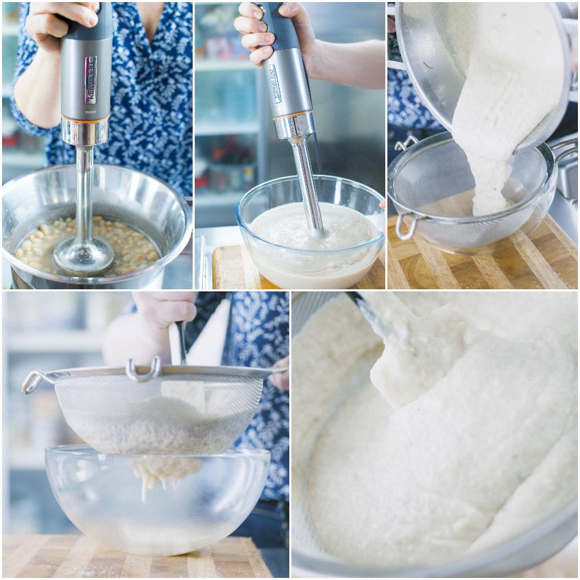 Fagioli cannellini frullati con il mixer a immersione e filtrati attraverso un colino fine