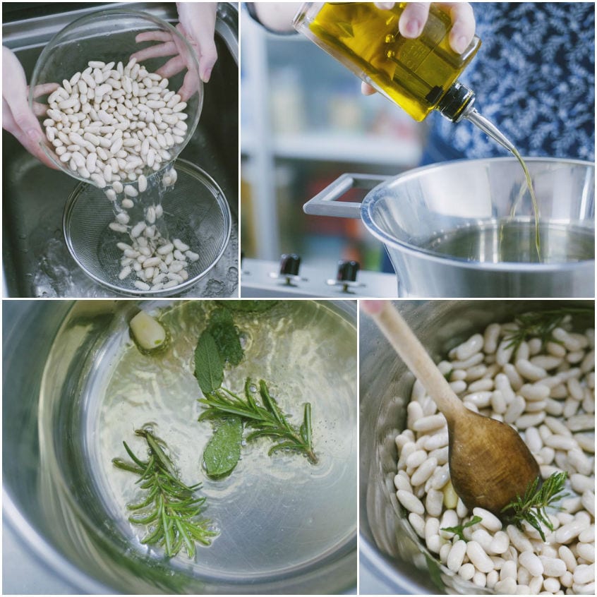 Cannellini scolati, olio versato in pentola con rosmarino e salvia, poi i fagioli mescolati con le erbe
