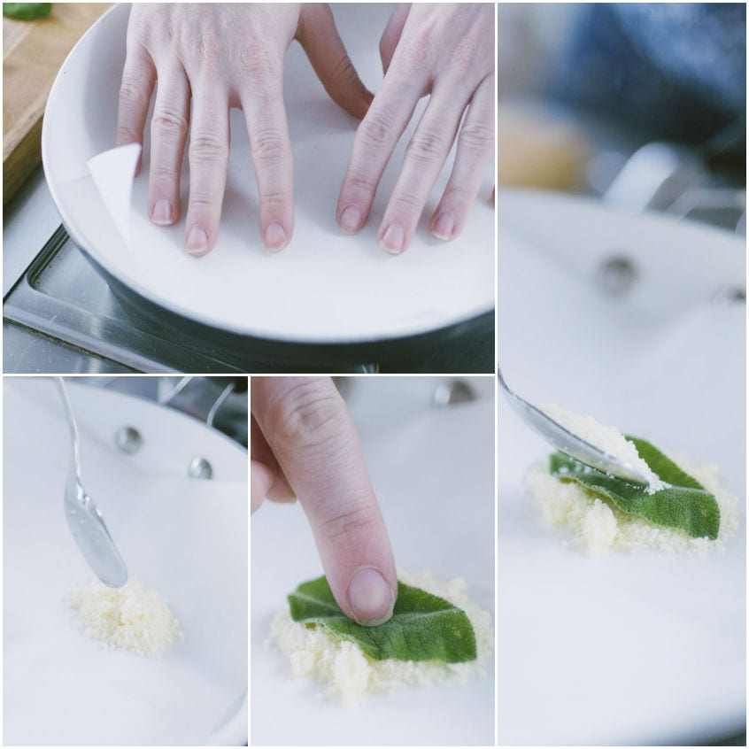 Foglia di salvia adagiata su un mucchietto di formaggio grattugiato, pronta per formare una cialdina