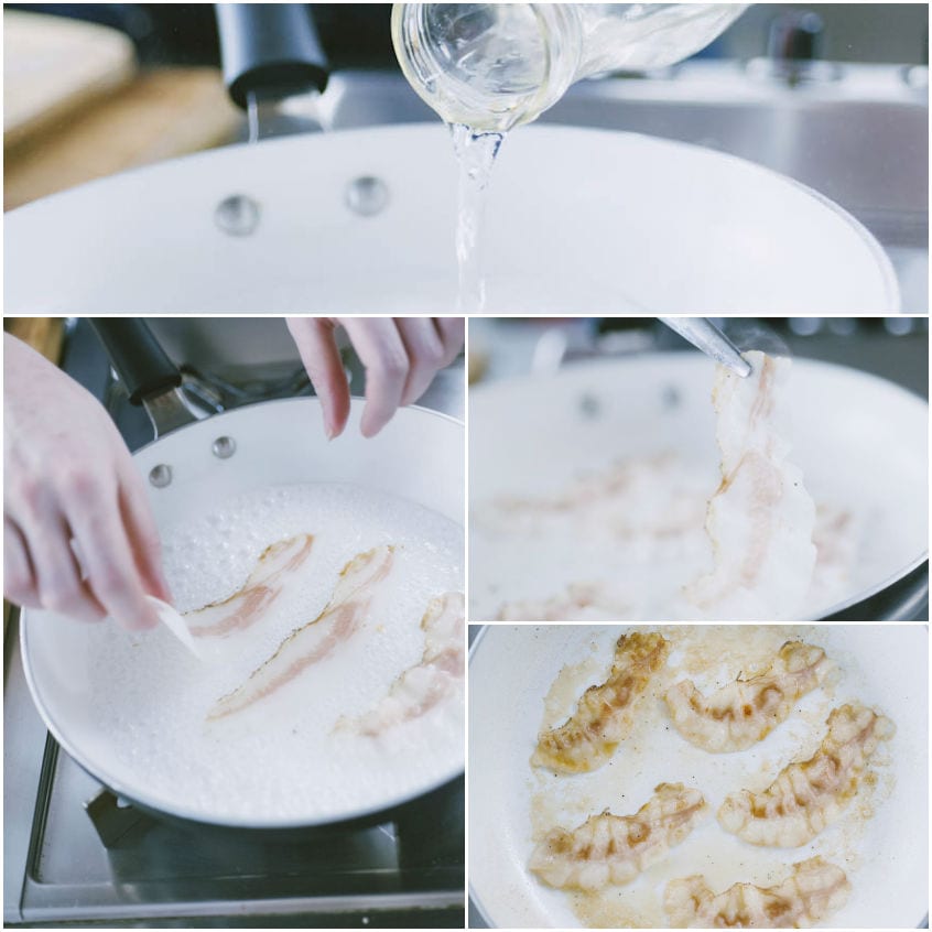 Fettine di guanciale che rosolano in padella con un goccio d'acqua fino a diventare croccanti