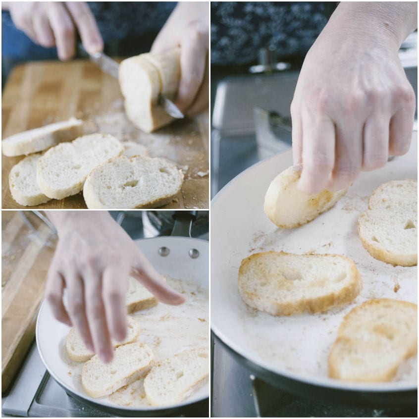 Fette di pane tagliate e tostate in padella con il fondo di cottura del guanciale