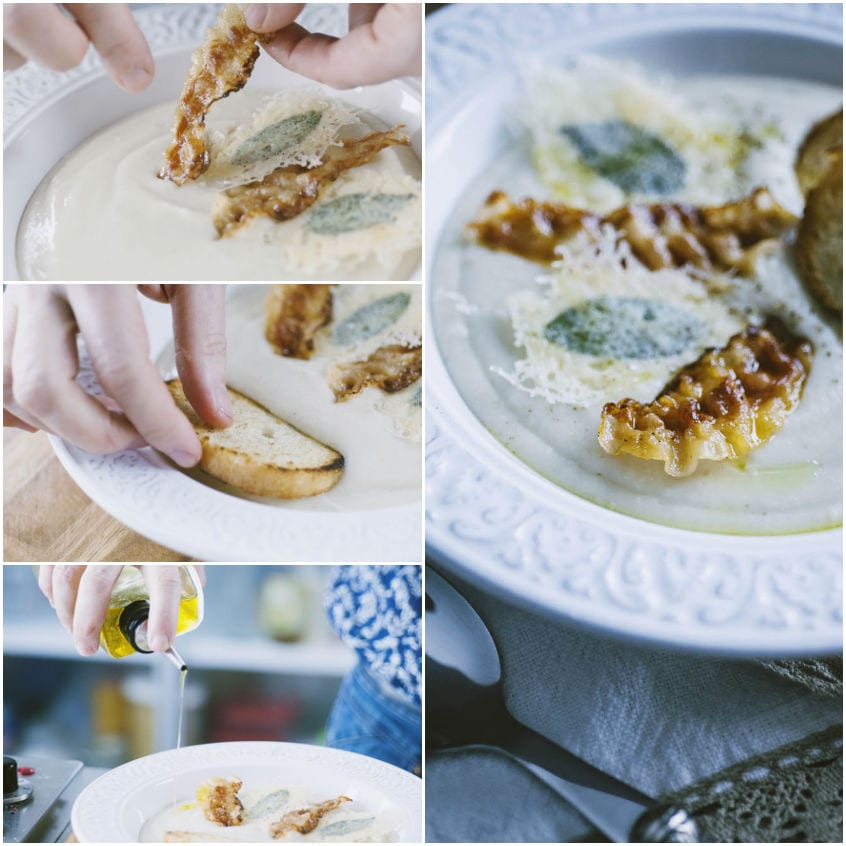 Composizione del piatto con cialde di formaggio, guanciale croccante e crostini su crema di cannellini