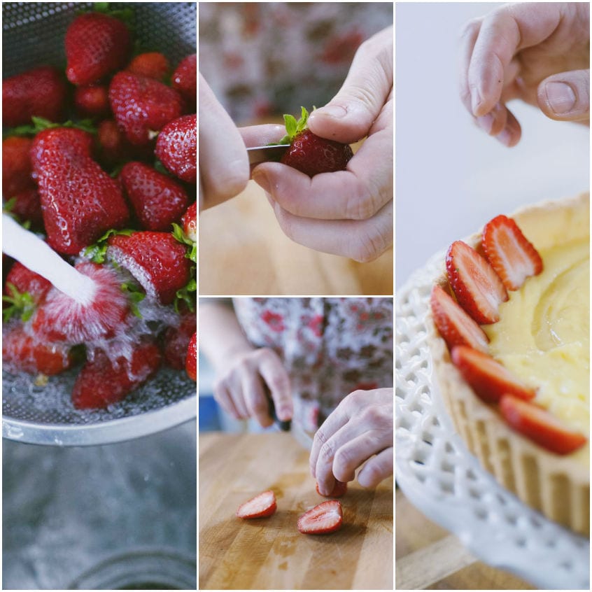 Fragole lavate, private del picciolo e tagliate a fette disposte sulla crostata