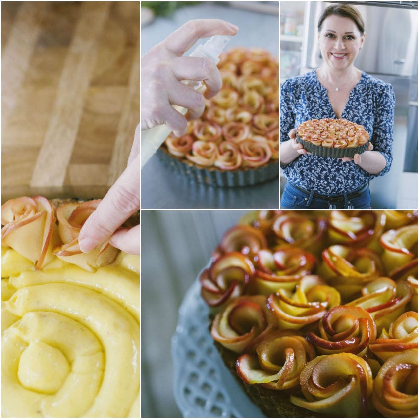 Roselline di mele disposte sulla crema pasticcera nella crostata, poi lucidate con gelatina spray