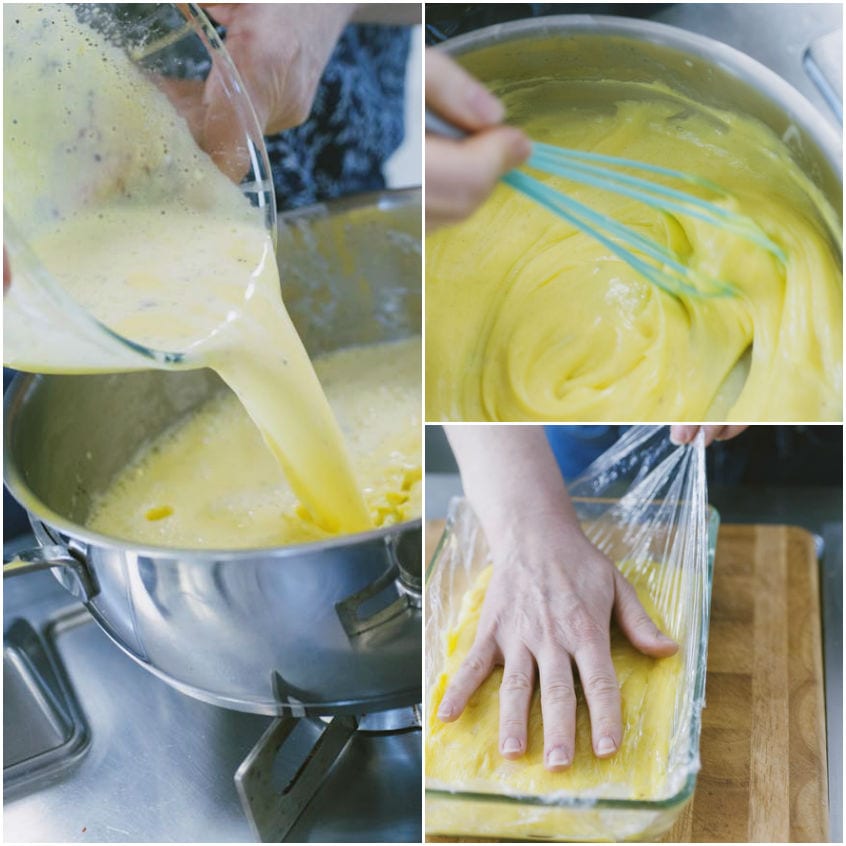 Crema pasticcera versata in pentola, mescolata a frusta e coperta a contatto con pellicola