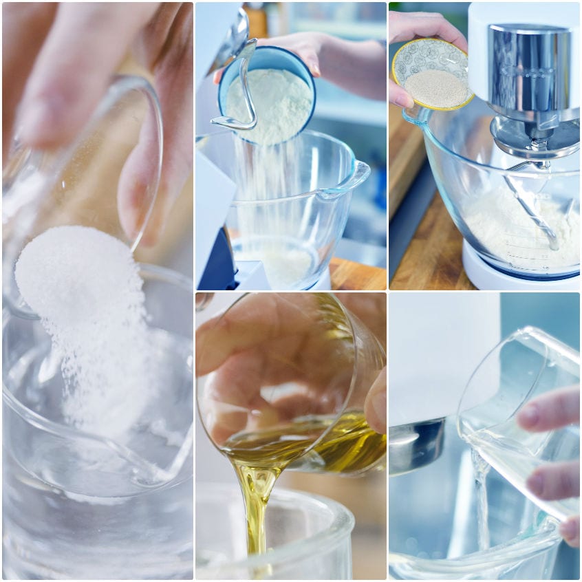 Collage dei passaggi per l'impasto: sale nell'acqua, farina versata, planetaria, olio e acqua aggiunti a filo