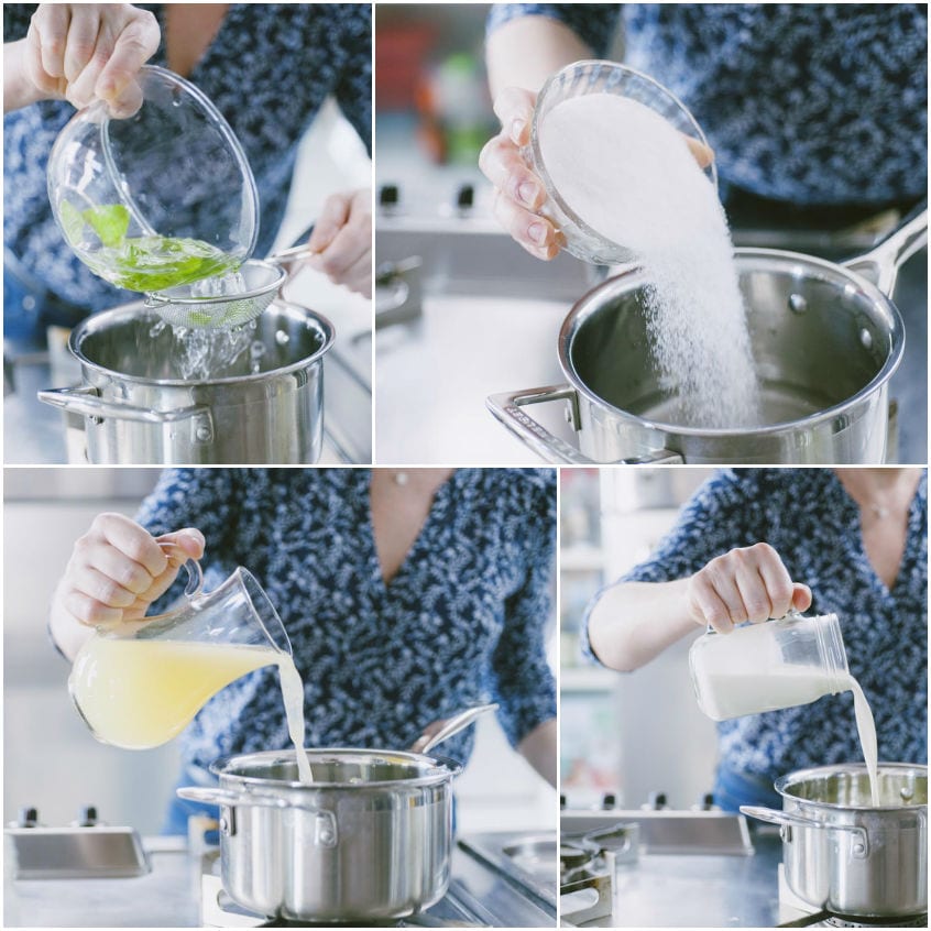 Zucchero, succo di limone e panna versati in pentola per il gelato al basilico