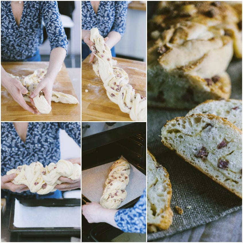 Fasi di intreccio dell'impasto farcito di salame e formaggio prima della cottura in forno