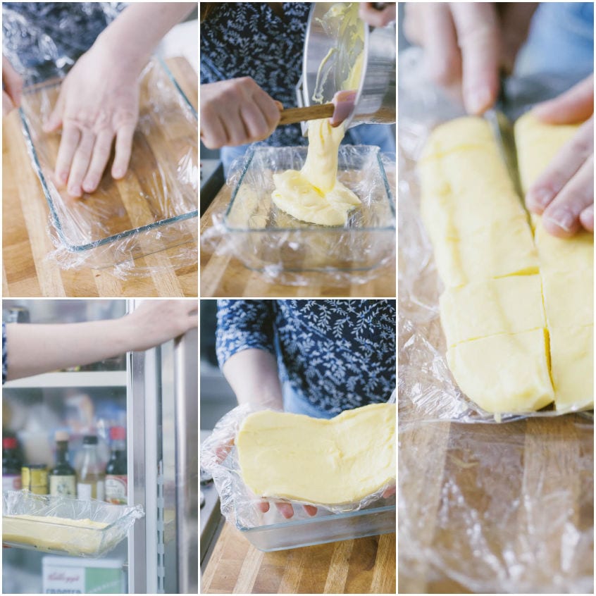 Crema pasticcera versata in pirofila foderata con pellicola, poi sformata e tagliata a cubotti