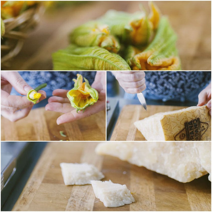 Mani che puliscono fiori di zucca eliminando il pistillo, e scaglie di Parmigiano tagliate a coltello