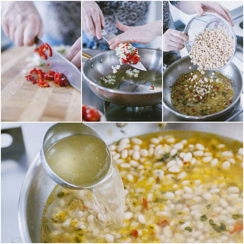 Peperoncino tritato, fagioli bianchi e soffritto in padella, poi brodo versato sui legumi