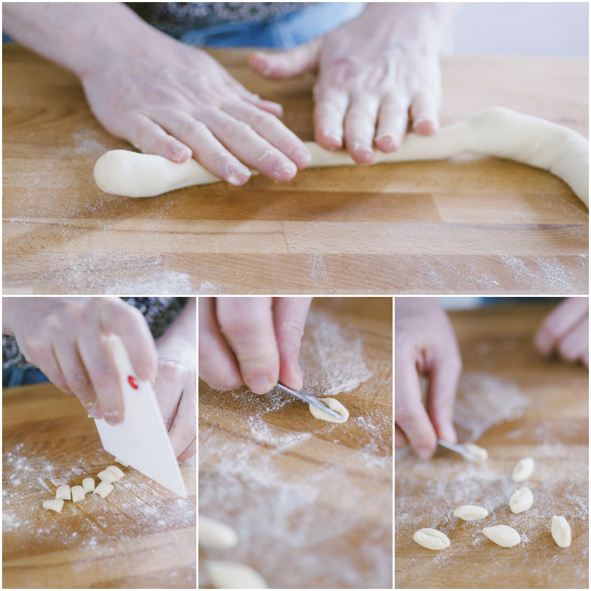 Mani che formano i cavatelli: rotolano il filoncino, tagliano i pezzetti e li scavano col coltello
