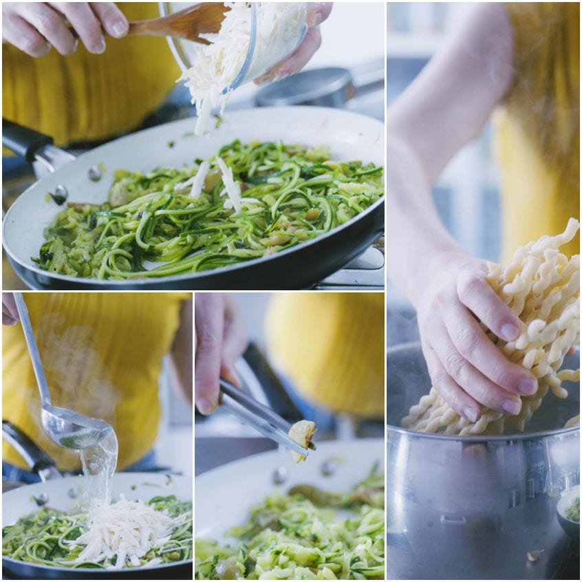 Zucchine a julienne in padella con ricotta grattugiata e pasta riccia scolata a mano