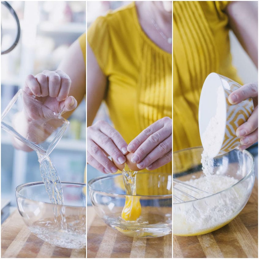 Sequenza di preparazione della pastella con acqua frizzante, uovo e farina versati in ciotola