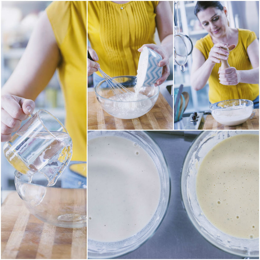 Preparazione della pastella per fritti, dall'acqua versata alla farina setacciata fino al composto liscio