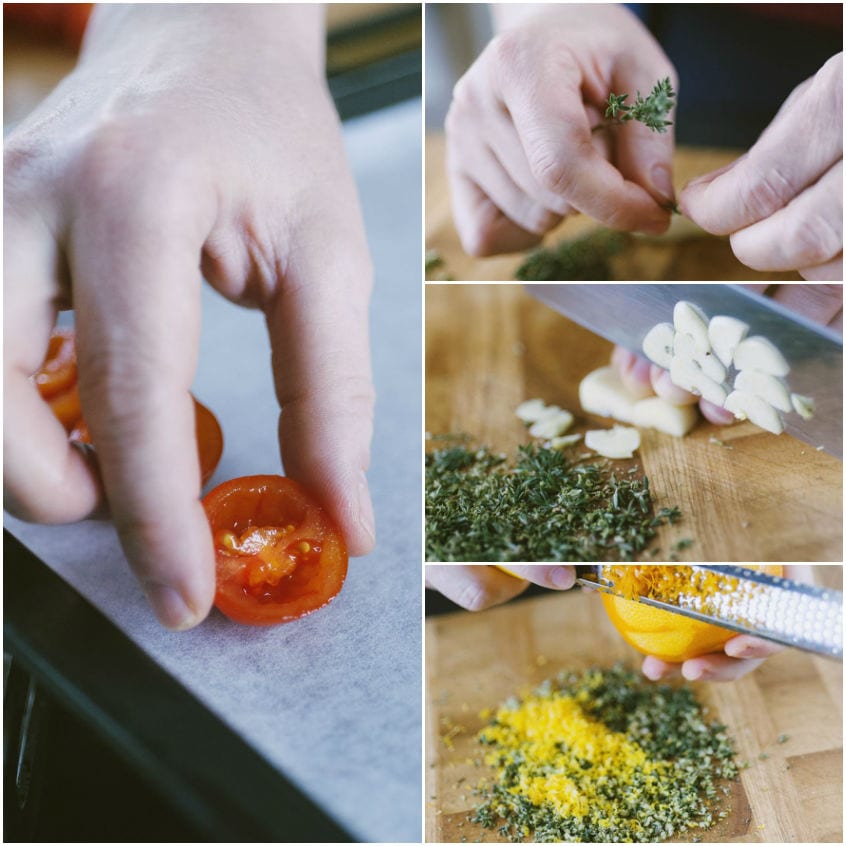 Preparazione trito di erbe, aglio e scorza di arancia per i pomodorini confit