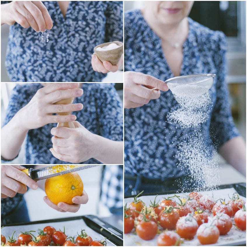 Pomodorini confit conditi con sale, pepe, scorza di limone e fettine di aglio