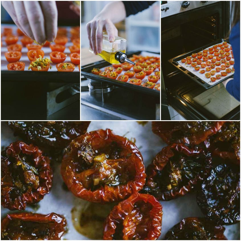 Pomodorini confit raggrinziti e lucidi, con superficie leggermente caramellata e profumata
