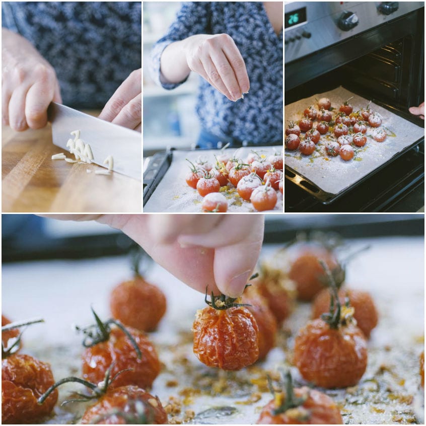 Pomodorini confit in forno che si disidratano lentamente diventando morbidi e caramellati