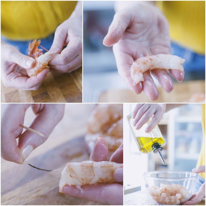 Gamberi sgusciati a mano, pulizia del filo intestinale e marinatura con olio