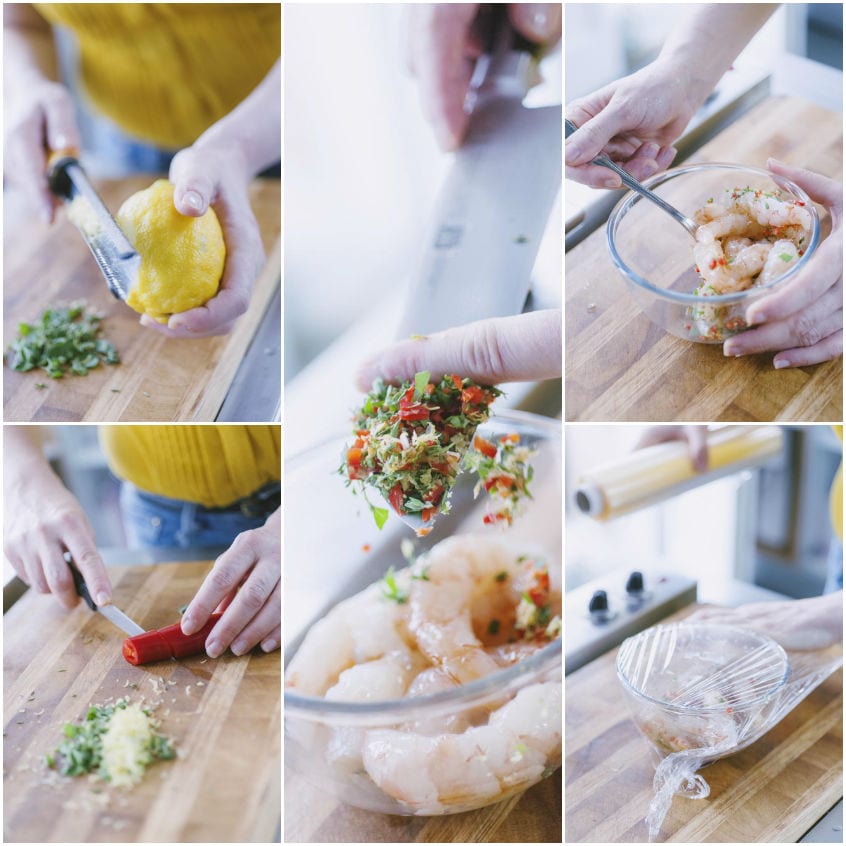 Gamberi crudi marinati con scorza di limone grattugiata, peperoncino e erbe aromatiche tritate