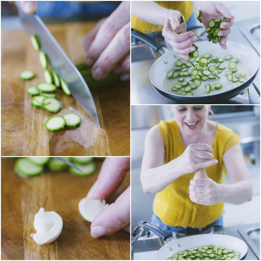 Zucchine tagliate a rondelle, versate in padella e saltate con aglio schiacciato