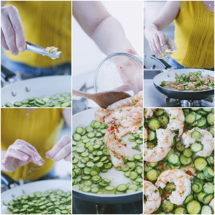 Gamberi e zucchine a rondelle in padella con timo, peperoncino e sfumatura di vino bianco