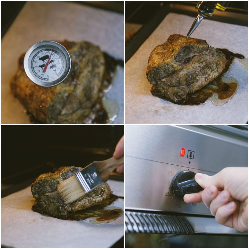 Arrosto di maiale spennellato con olio, termometro inserito e forno impostato al massimo